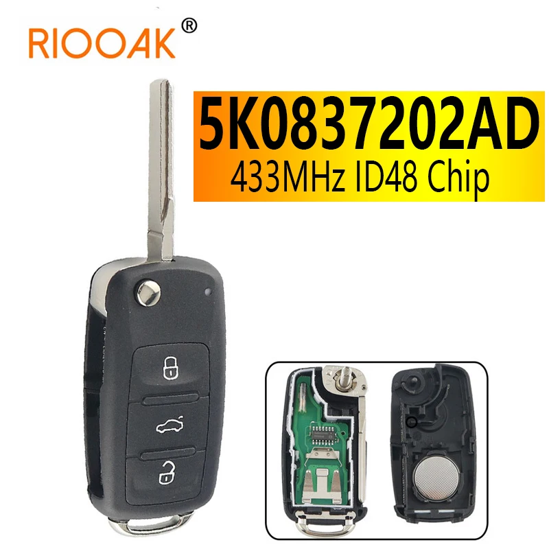 433Mhz Id48 Chip Remote Key 5K0837202Ad Per Vw/Volkswagen Beetle/Caddy/Eos/Golf/Jetta/Polo/Scirocco/Tiguan/Touran/Up