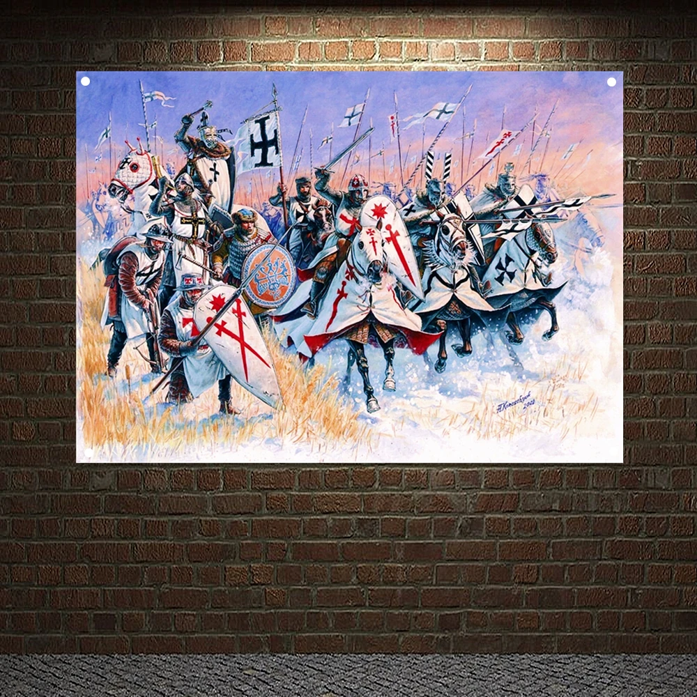 Ancient Combat Legion Poster Wall Hanging Military Art Knights Templar Armor Banner Flag Canvas Painting Background Wall Decor