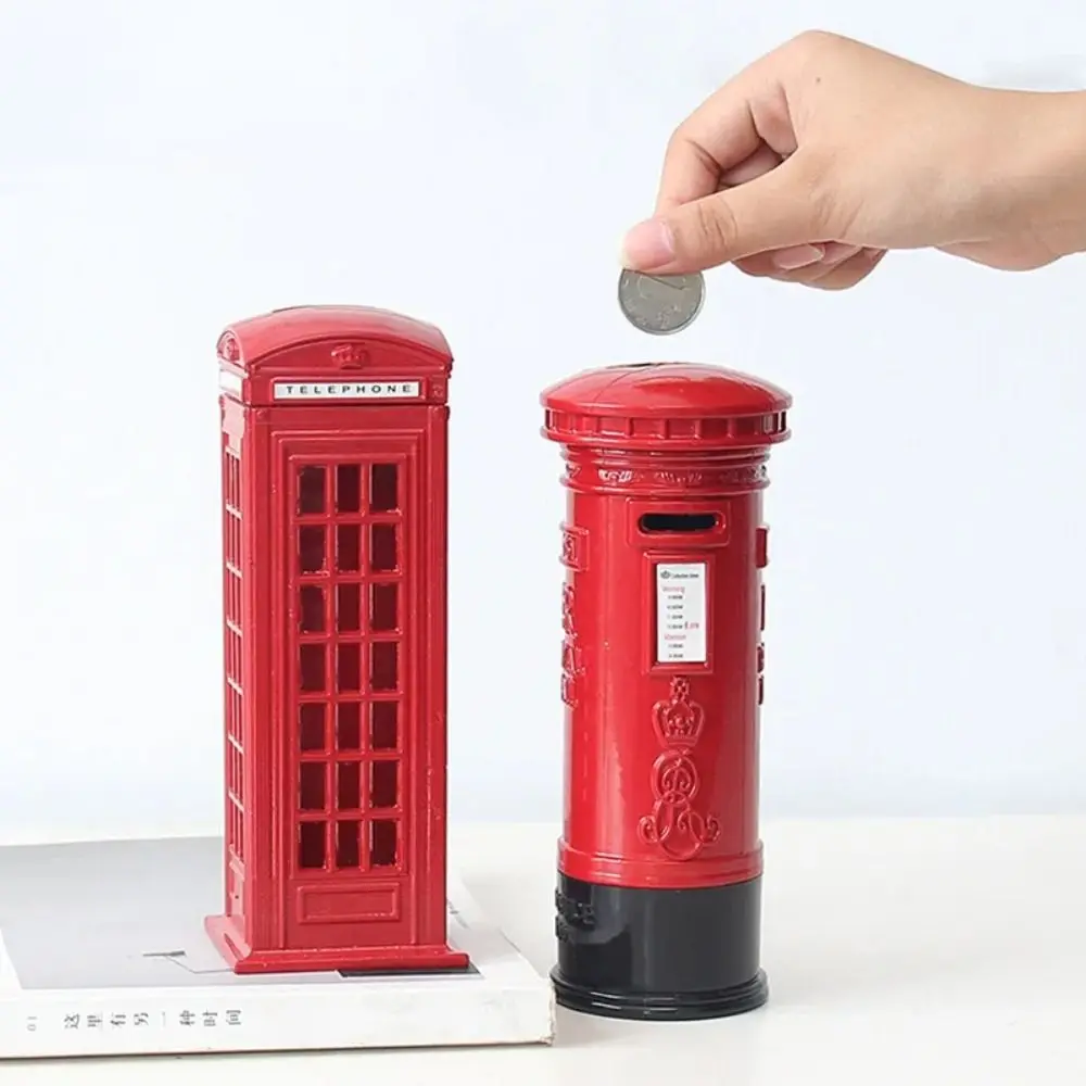 1Pc Vintage Phone Booth Coin Bank London Metal Postbox Piggy Bank Red Crafts Decoration Phone Box Statue Photography Puntelli