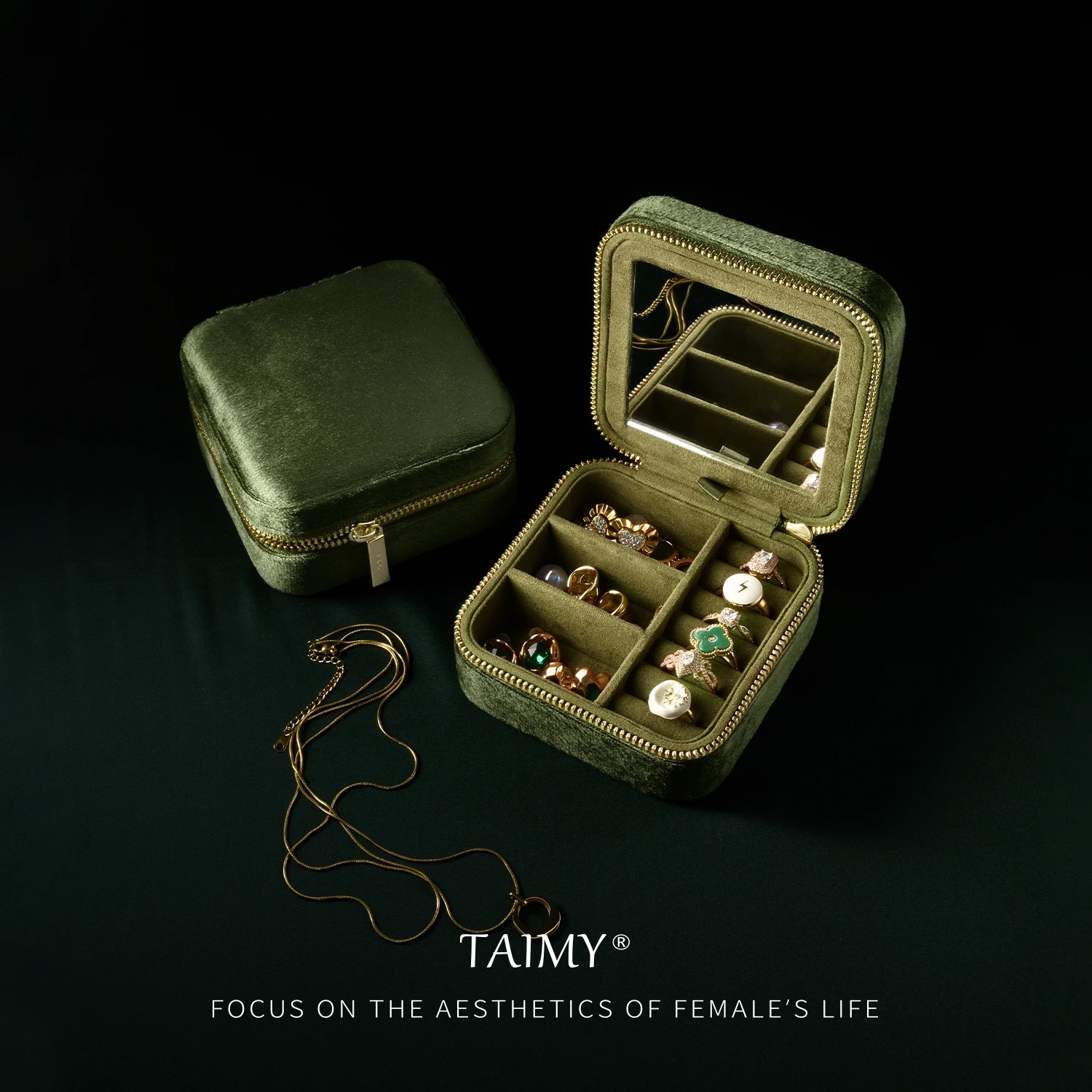 Taimy Vintage Velvet Travel Jewelry Storage Ring Box Flip Con Specchio Organizer Support Logo Custom Retro Green Jewelry Box
