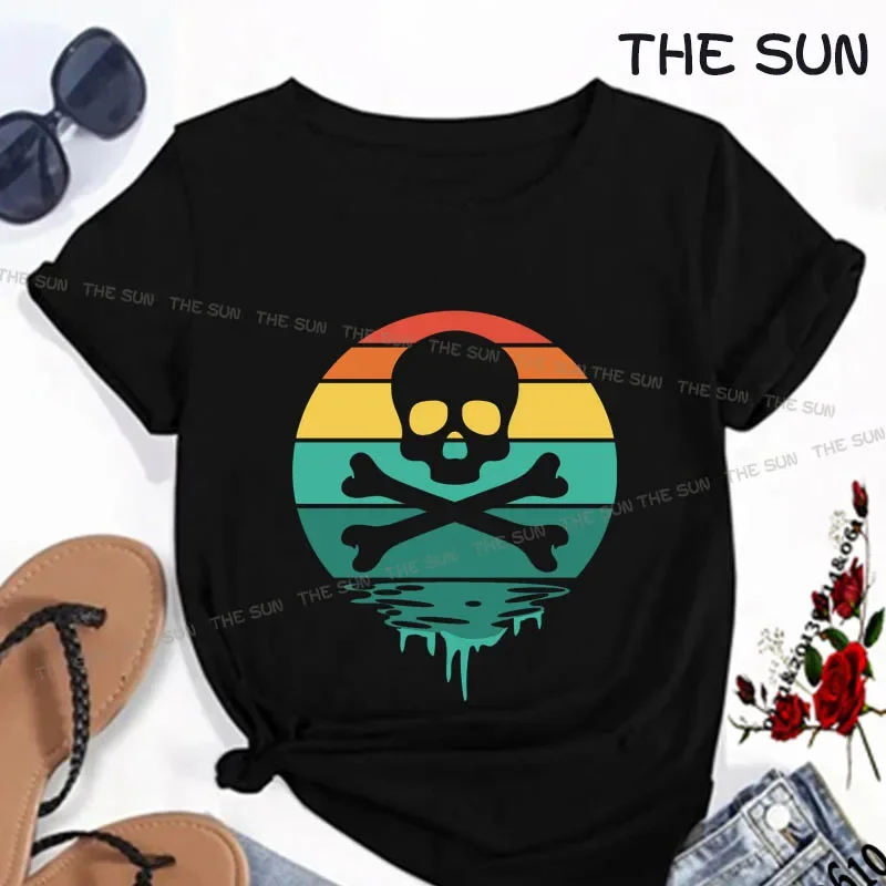 Vintage Sunset Skull And Cross Bones Cotton Printing Shirt Casual T-Shirt Moda Manica Corta Abbigliamento Streetwear Hip Hop Da Uomo