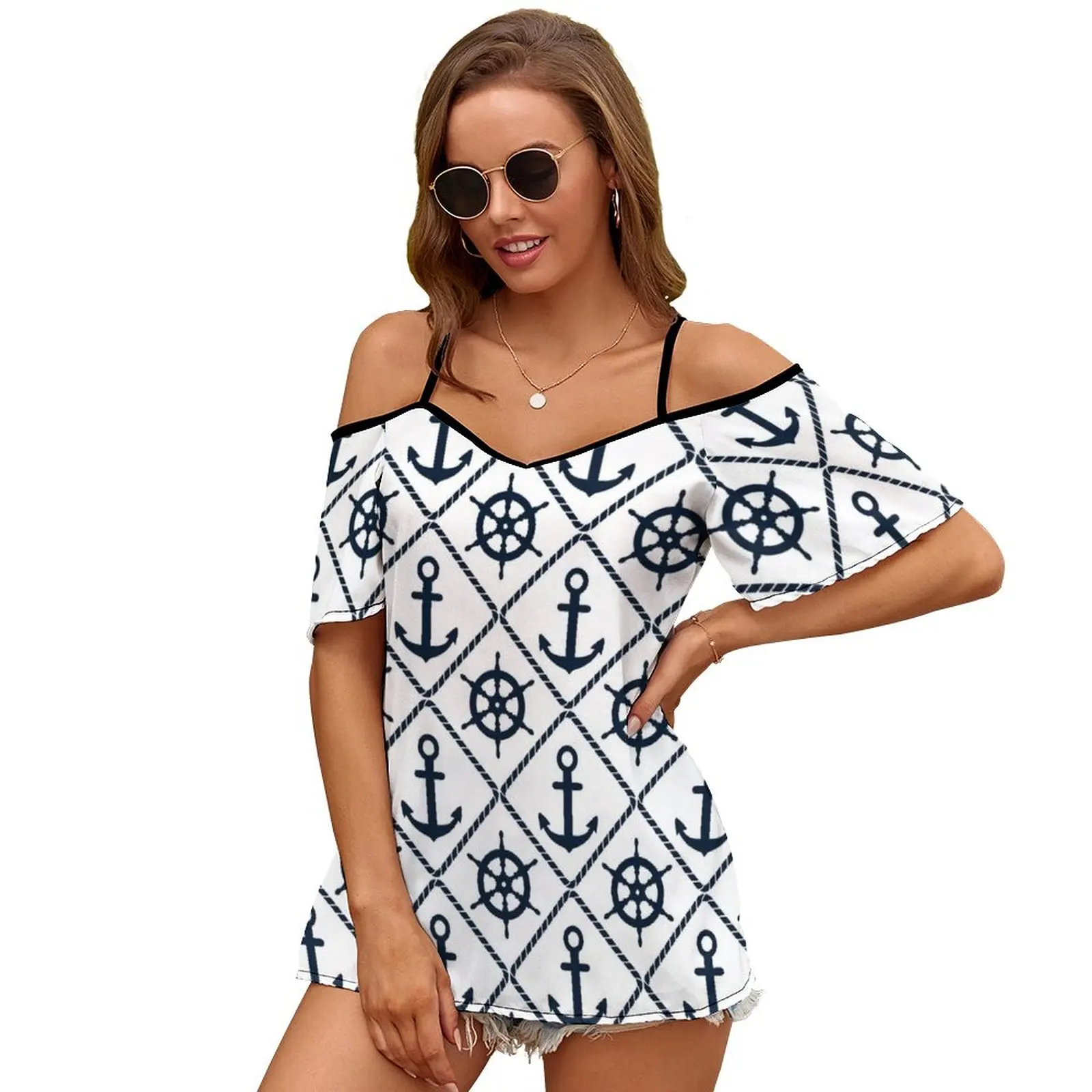 Anchor And Wheel Nautica-Navy And White 2155 T-Shirt Con Stampa Donna Casual Off Spalla Pullover Allentato Top Abiti Di Moda