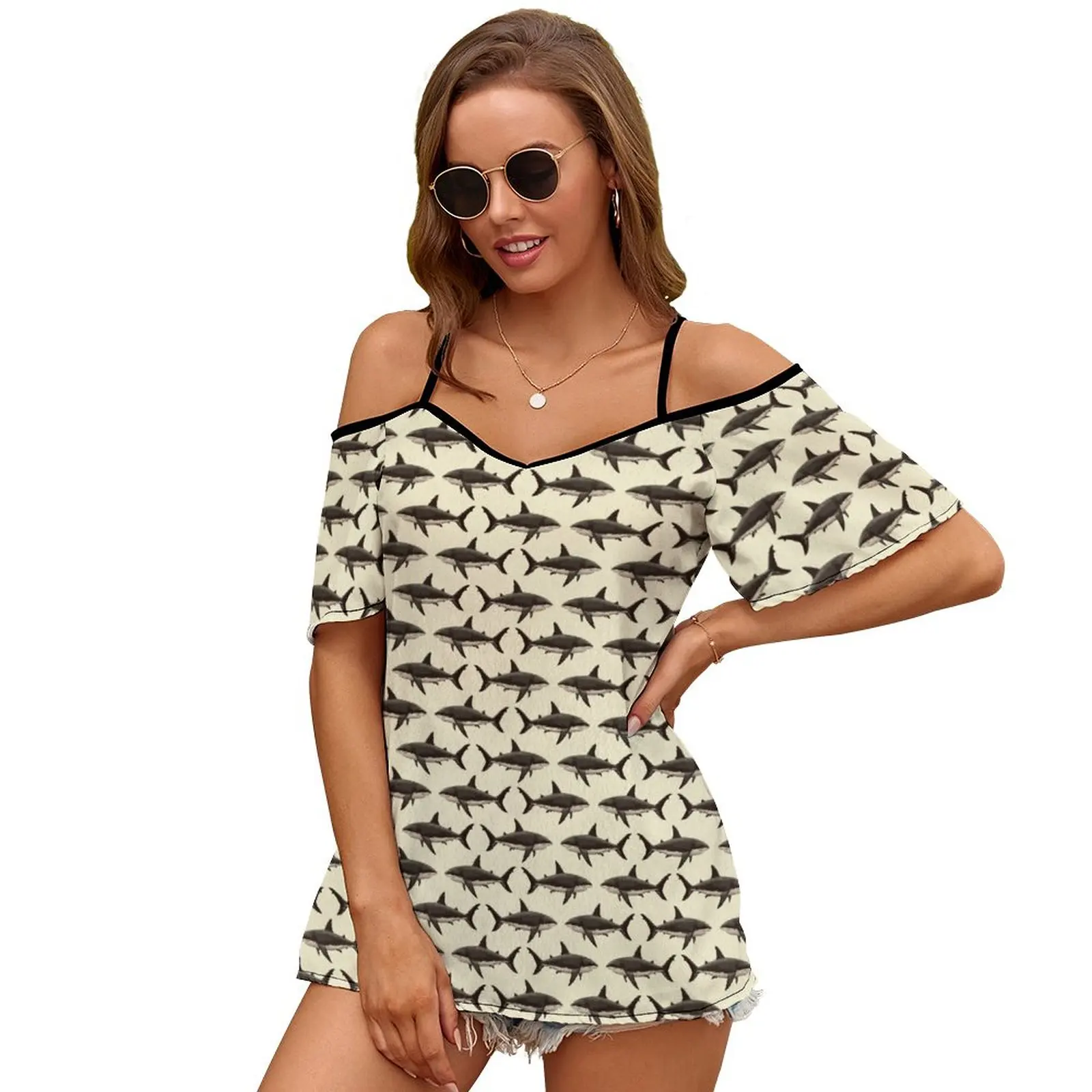 Soggetto: Great White Shark ~ (Versione Vintage) ~ Di Sexy E Club Fashion T-Shirt Femminile Manica Corta Off Spalla Lady T