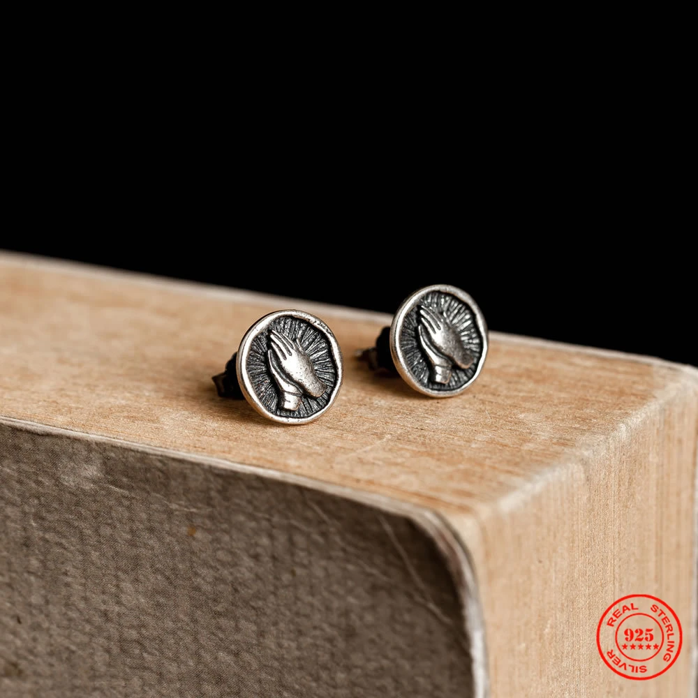 Yizai 100% Sterling Silver Gothic Punk Mini Pray Sign Ear Studs Classic Unisex Style Stud Earring Jewelry Gift