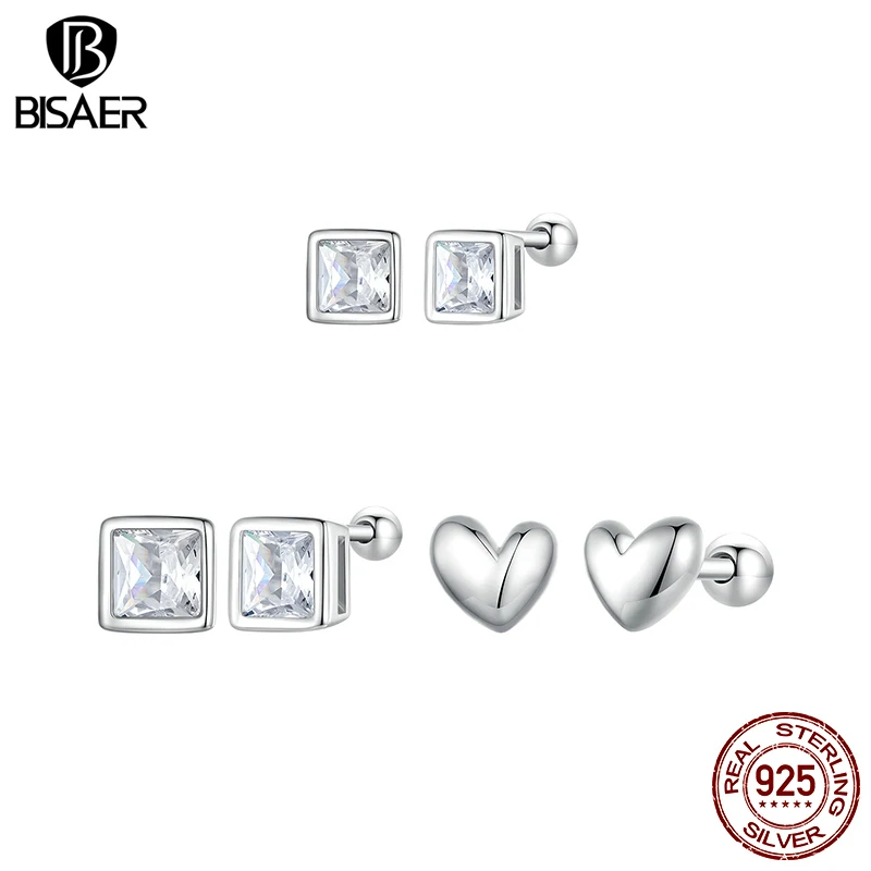 Bisaer 100% 925 Sterling Silver Mini Heart Stud Orecchini Princess Cubic Zircone Ear Clip Per Donna Wedding Fine Jewelry Efe885