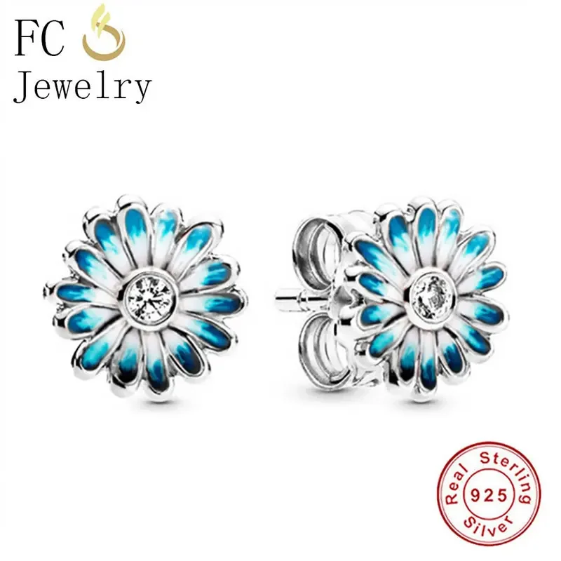 Fc Jewelry Real 100% 925 Argento Smalto Blu Daisy Flower Stud Orecchino Fibbia Orecchio Oorbellen Accessori Per Donna 2020 Estate