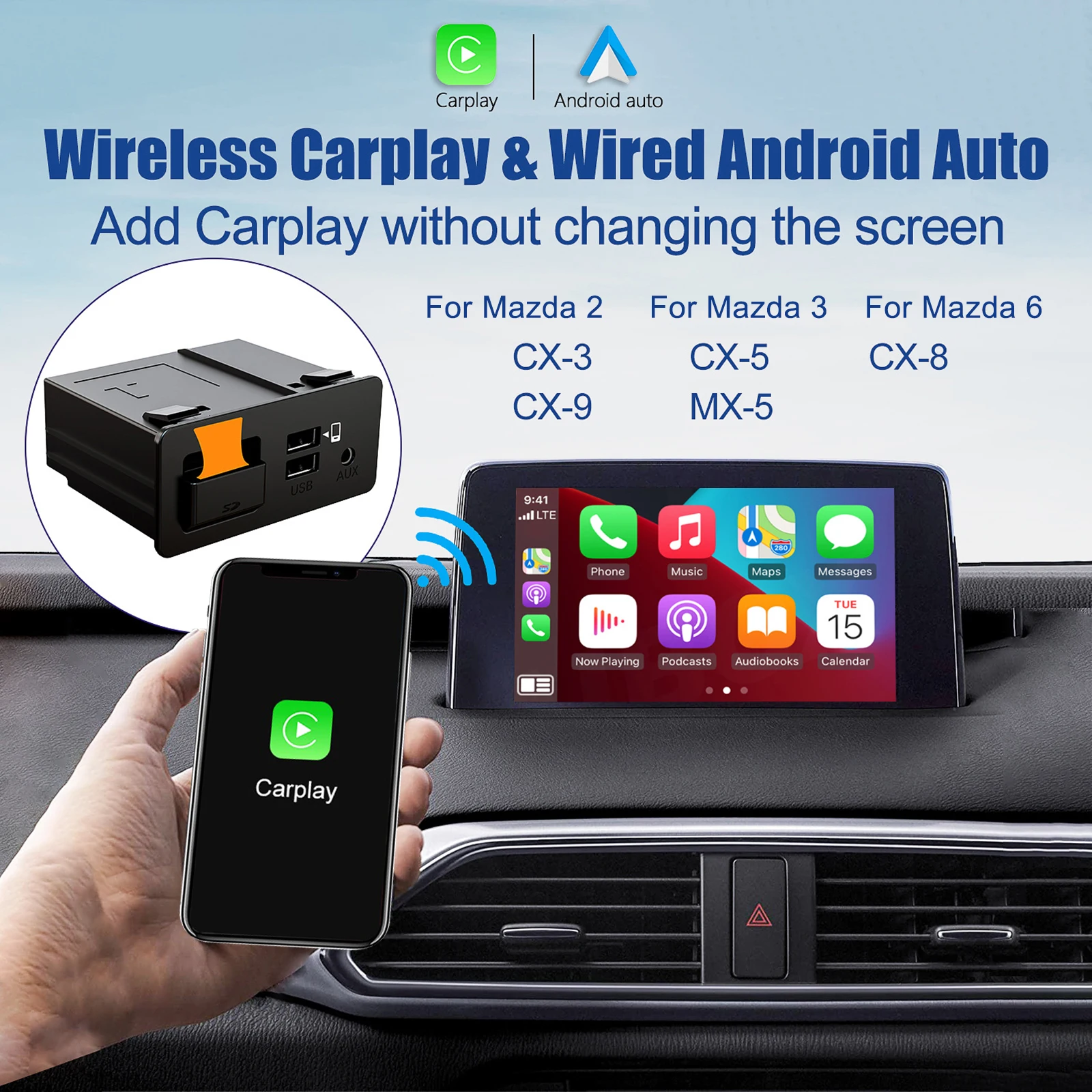 Wireless Apple Carplay Wired Android Auto Usb Adapter Hub Per Retrofit Oem Mazda Cx3 Cx5 Cx8 Cx9 Mx5 Per Mazda 2 3 6