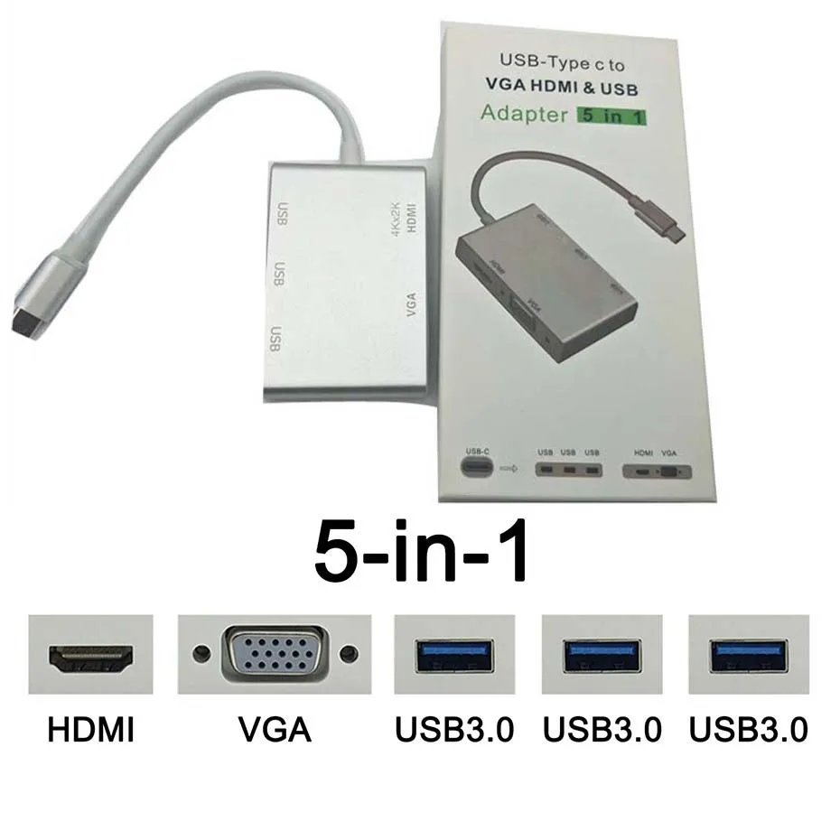 Usb C Di Tipo C A Hdmi Vga Usb3.0 Hub Adapter 5In1 Usb 3.1 Usb-C Cavo Del Convertitore Per Il Computer Portatile Apple Macbook Google Chromebook Pixel