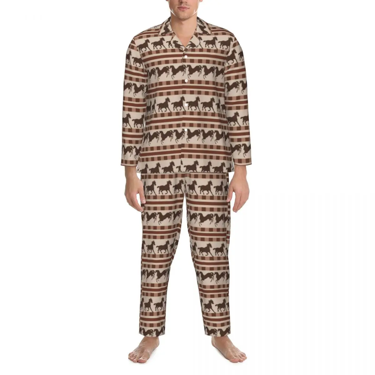 Brown Horse Stripes Pigiama Set Galloping Animal Print Sleepwear Uomo Manica Lunga Vintage Leisure 2 Pezzi Home Suit Plus Size