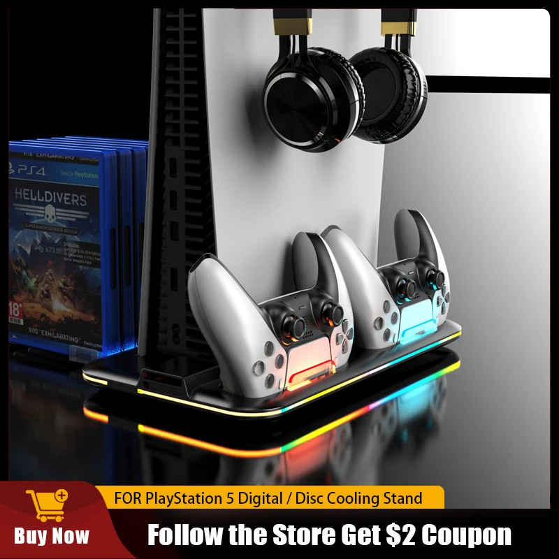 Per Playstation 5 Disc/Digital Vertical Stand 9 Rgb Playstation 5 Stazione Di Raffreddamento Per Ps5 Dual Fast Charger Con Archiviazione Di Gioco