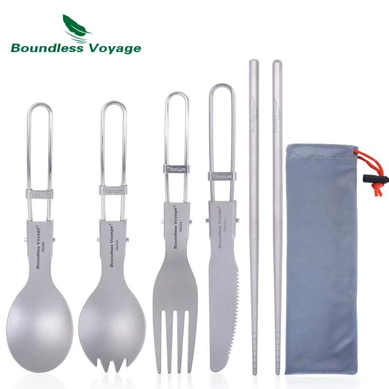 Boundless Voyage Camping Posate Pieghevoli Cucchiaio In Titanio Forchetta Coltello Bacchette Stoviglie Da Viaggio All'Aperto Set Di Posate