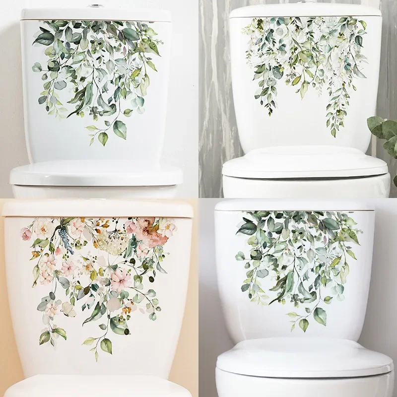 Green Plant Leaves Wall Sticker Bagno Toilet Sticker Wc Autoadesivo Murale Abbellire Fiore Decorazione Della Casa Decalcomanie