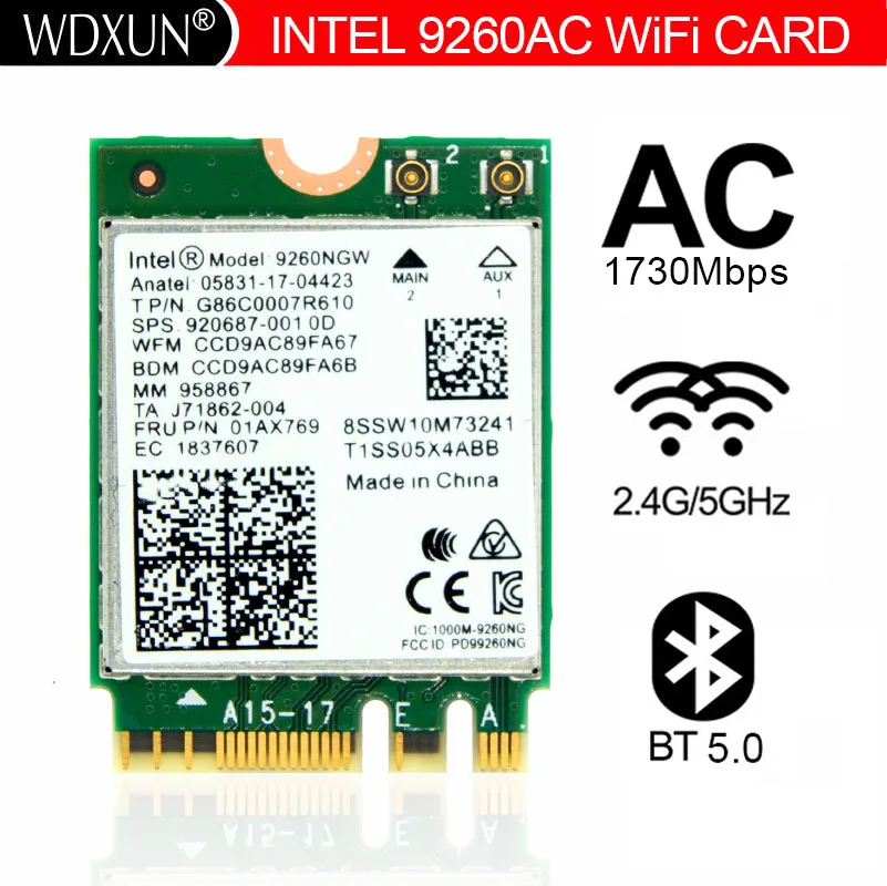Wdxun Dual Band Wireless-Ac 9260 9260Ac Intel 9260Ngw Ngff 802.11Ac Mu-Mimo 1730Mbps 1.73Gbps Wifi Bluetooth 5.0 Windows 10