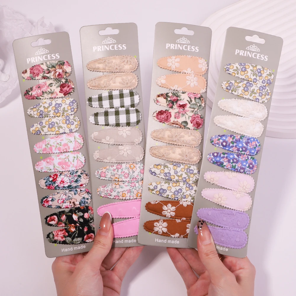 10Pcs/Set 2.2'' Cotton Sweet Hair Clips For Kids Girls Waterdrop Shape Bb Clips Cute Embroidery Flower Hairpins Hair Accessories