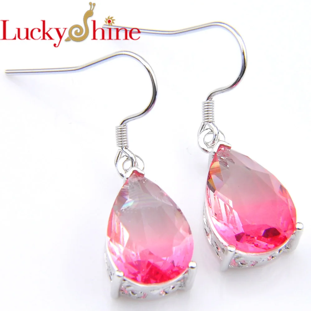 New Luckyshine Lovely Waterdrop Gradient Pink Tourmaline Crystal Zirconia Orecchini Pendenti Di Fidanzamento In Argento Per Gioielli Da Donna