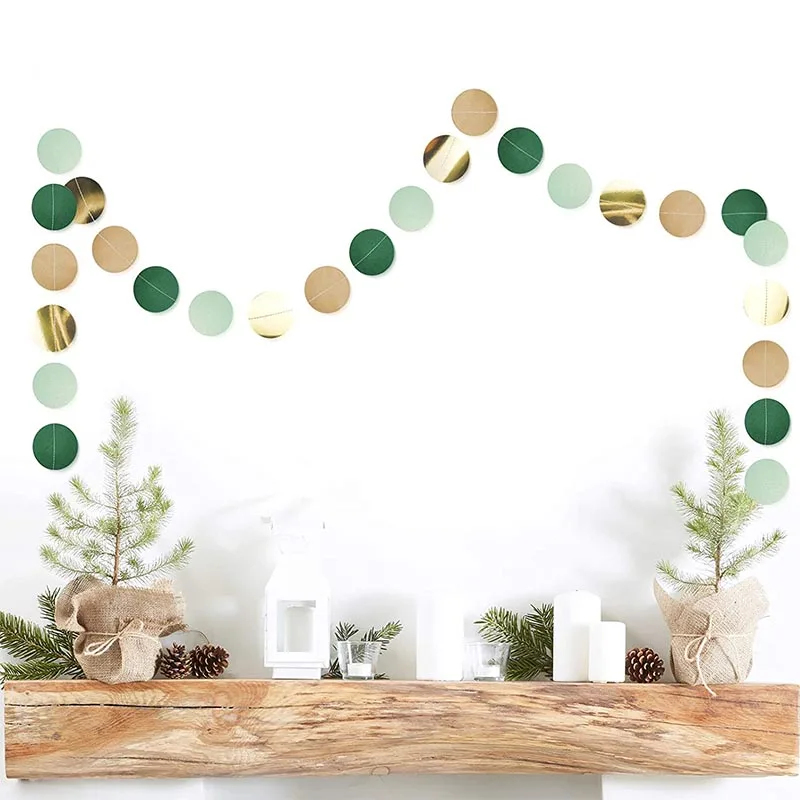 3Pcs Hunter Green Gold Rustic Wedding Party Home Decoration Salvia Green Paper Circle Dot Garland Hanging Paper Polka Dot Streamer