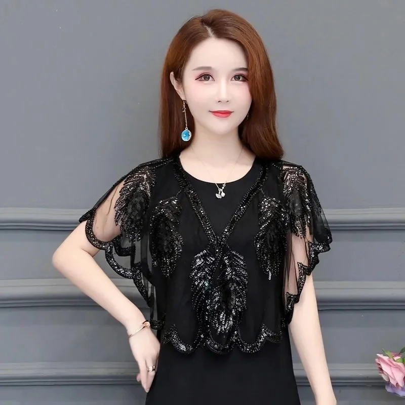 Lace Shawl Women Short  Sequin Beaded Coat Summer Sunscreen Capes Et Ponchos Fashion V Neck Cardigan