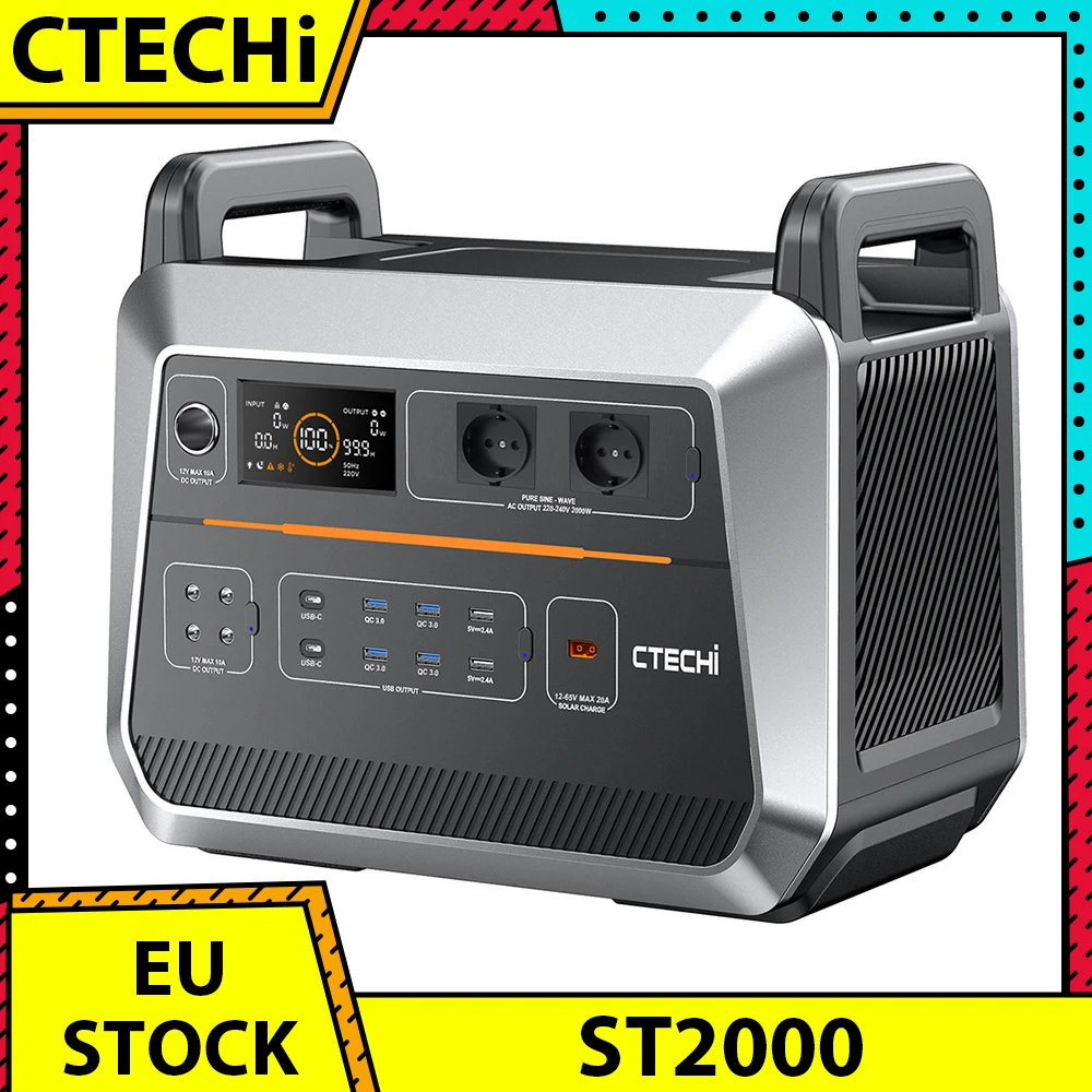 Ctechi St2000 Centrale Elettrica Portatile Da 2000W, Batteria Lifepo4 Da 1536Wh, 15 Uscite, Luce A Led, Alimentatore Di Emergenza