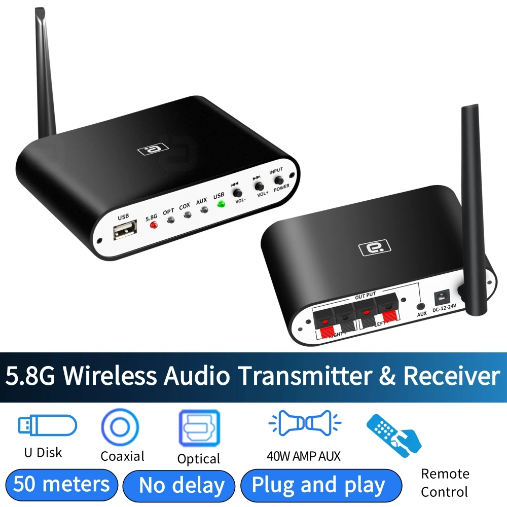 Trasmettitore Ricevitore Audio Wireless 5.8G 5.1Ch Surround Cablaggio 50M Coassiale Ottico L & R Udisk Dac Decoder Stereo 40W Power Amp