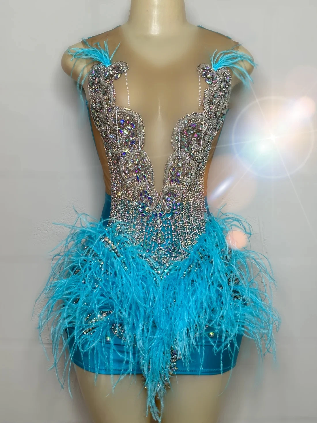 Sky Blue Sheer Diamond Short Prom Dresses Black Girls Feather Birthday Party Dresses African Mini Cocktail Dresses Homecoming