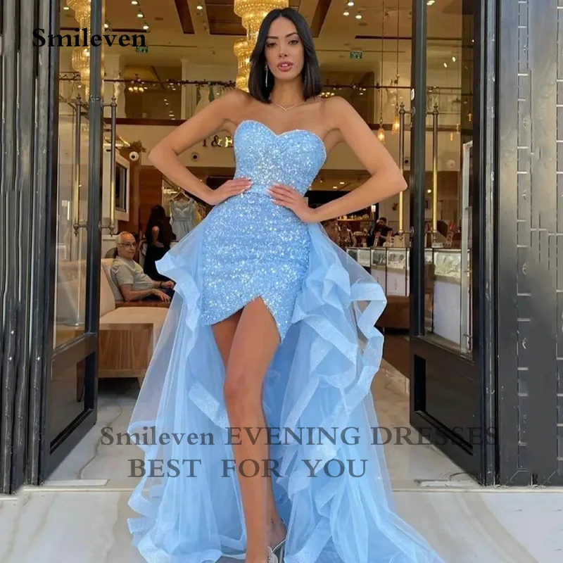 Smileven Sky Blue Prom Dress Minigonna Con Paillettes Con Strascico Staccabile Abiti Da Festa Sweethart Neck Prom Party Gowns 2022