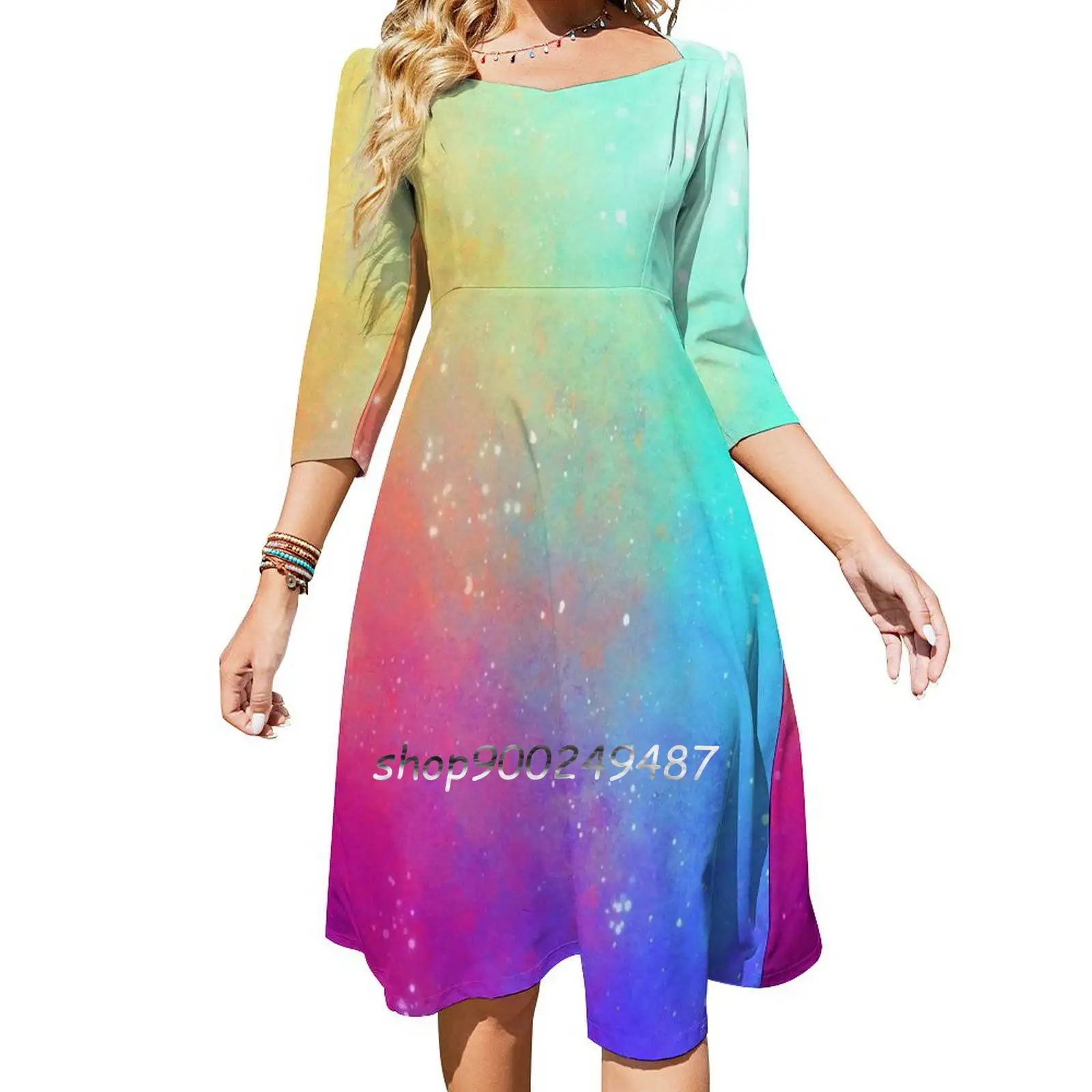 Galaxy Sky Square Neck Dress Cute Loose Print Dresses Elegant Beach Party Dress Galaxy Sky Colorful Rainbow Spraypaint