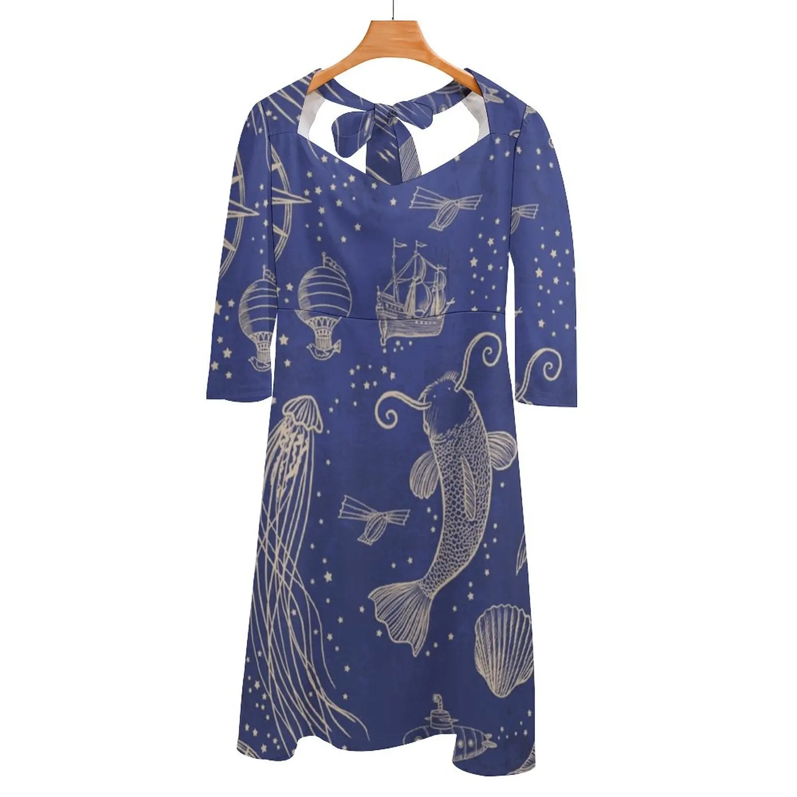 Ocean Meas Sky - Hardcase Back Lacing Backless Dress Square Neck Dress Fashion Printed Dress 6Xl Sky Whale Blue Whale Ocean