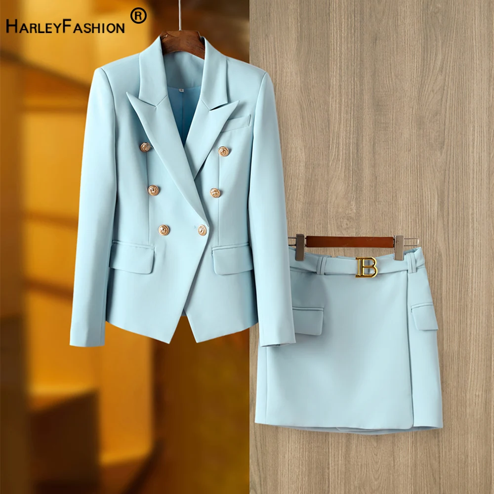 Harleyfashion Luxury Elegant Chic 2Pcs Blazer Gonna Set Sky Blue Women Formal Business Lady Slim Suits