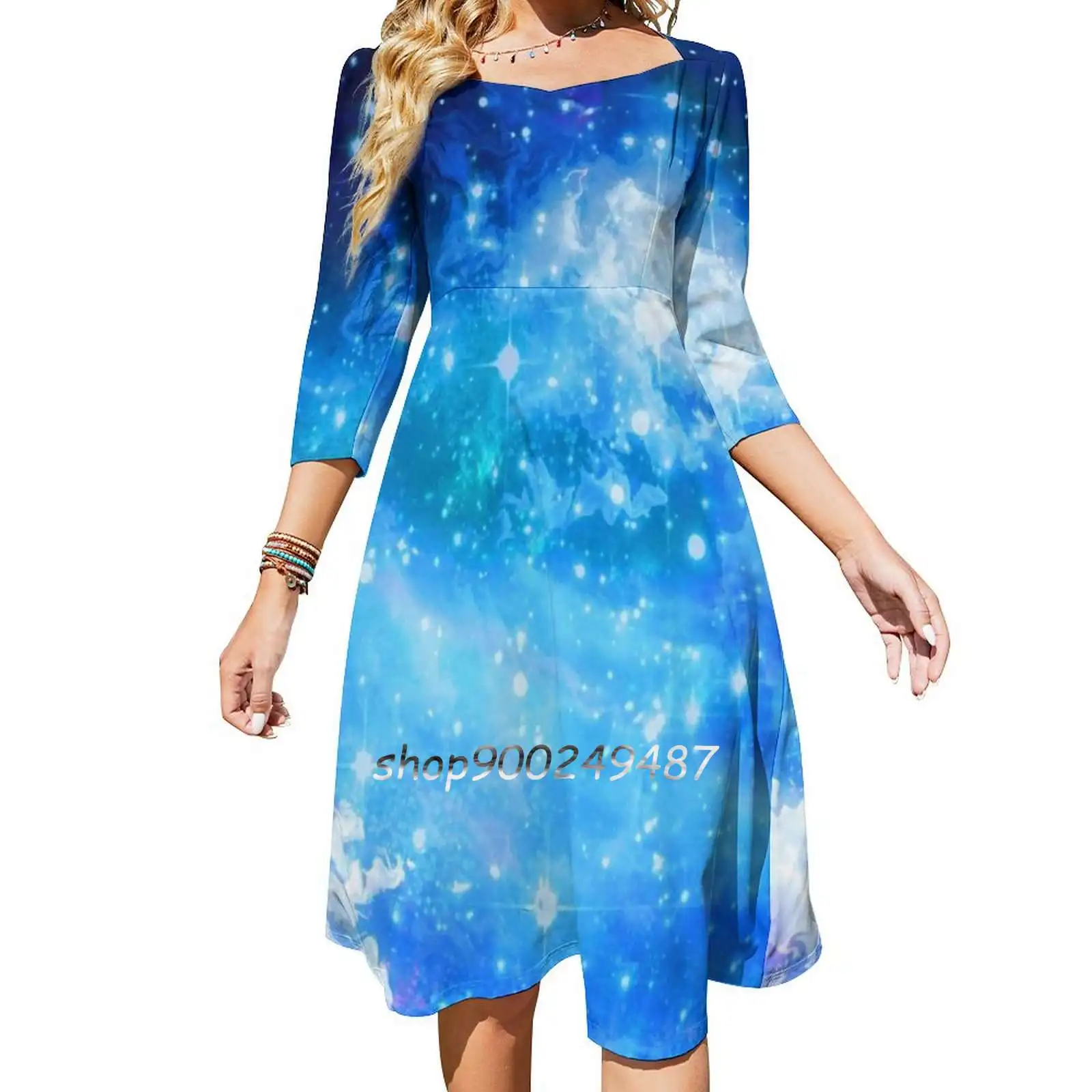 Abito Svasato Con Nodo A Cuore Blu Cielo Notturno Blu Design Alla Moda Abito Ampio Allentato Blu Notte Cielo Notturno Cielo Cielo Cielo Stella