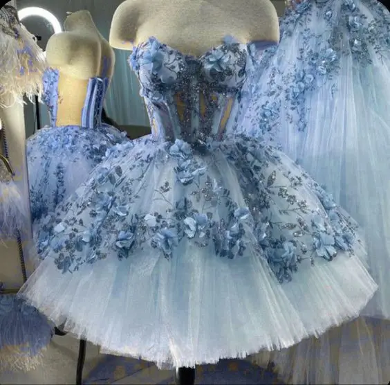 Sky Blue Princess Short Prom Dresses Sweetheart 3D Floral Ricamo Lace-Up Corsetto Puffy Evening Homecoming Dress Obes De Soiré
