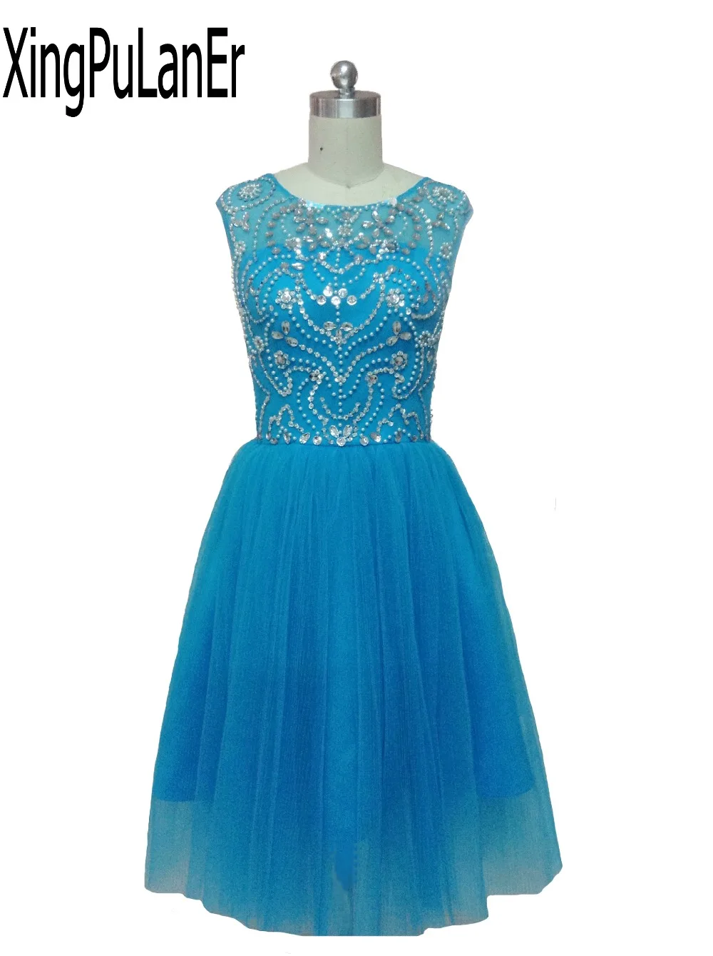Robe De Soiree Strass Con Perline Blu Cielo Sparkle Abiti Da Sera Corti Prom Gonna In Tulle Scoop Mini Abiti Da Ritorno A Casa Senza Schienale