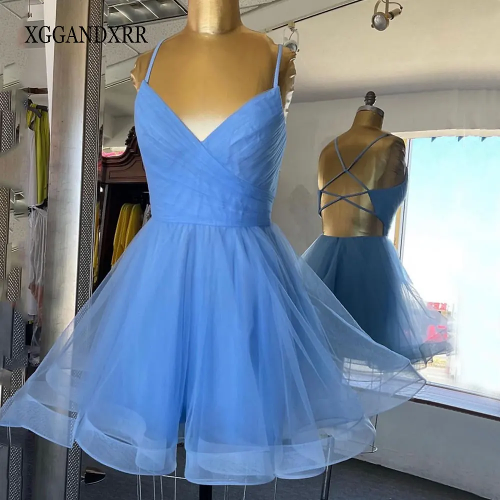 Real Sky Blue Short Homecoming Dress 2023 V Neck Tulle Mini Birthday Party Gown Prom Dress Girl Gala Dress Backless Lace Up Back