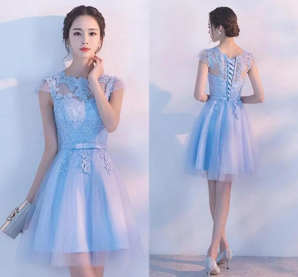 Sweet Lace Homecoming Dresses Sheer Manica Corta Jewel Light Sky Blue Mini Prom Graduation Dress Juniors Abiti Da Festa Per La Sera