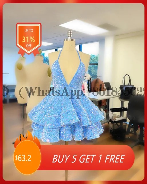 Sexy Sky Blue Halter Short Prom Dresses Paillettes Birthday Party Gowns Sparkly Tiered Mini Cocktail Dress Backless Robe De Bal