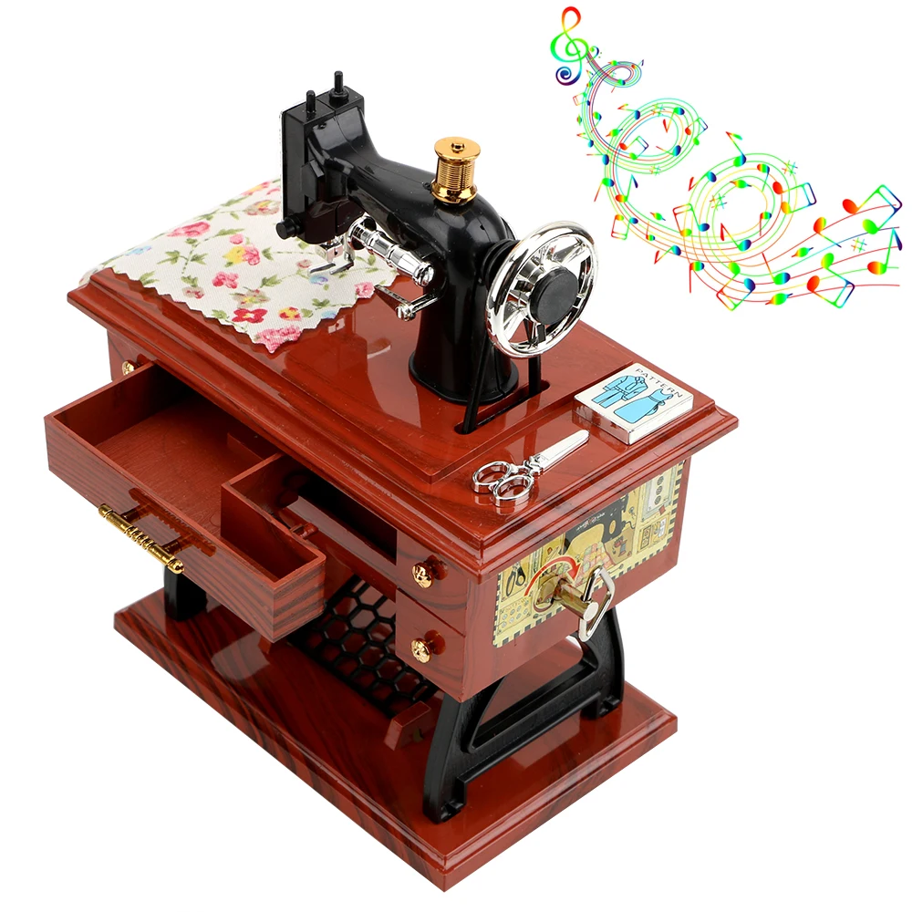 Home Decor Mini Sewing Machine Style Music Box Christmas Gift New Year Gift Birthday Gifts Hand Crank Vintage Music Boxes