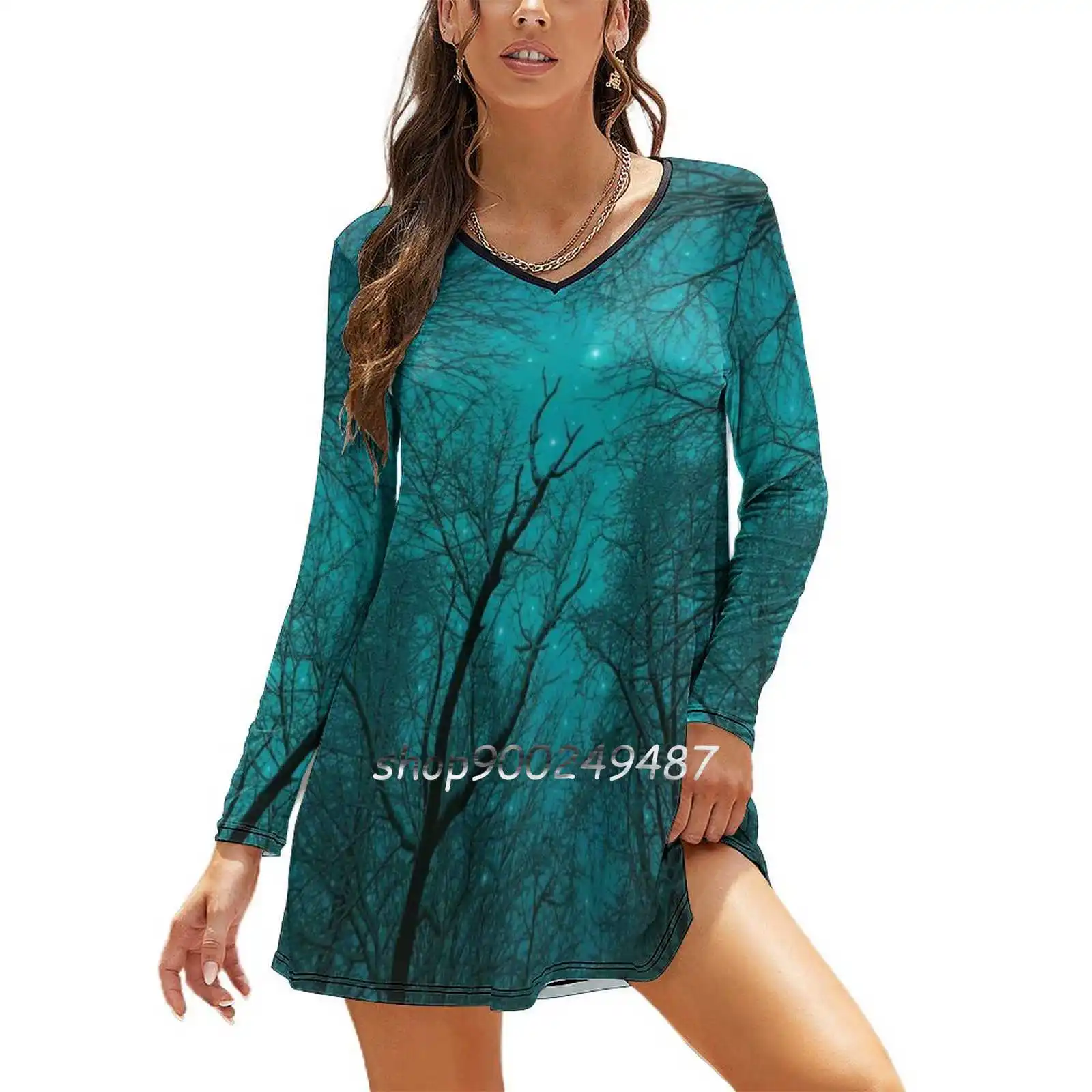 Simply Stare Upward Women Spring Autumn Long Sleeve Dress Female Casual Dress Night Stars Nebula Sky Teal Blue Night Galaxy