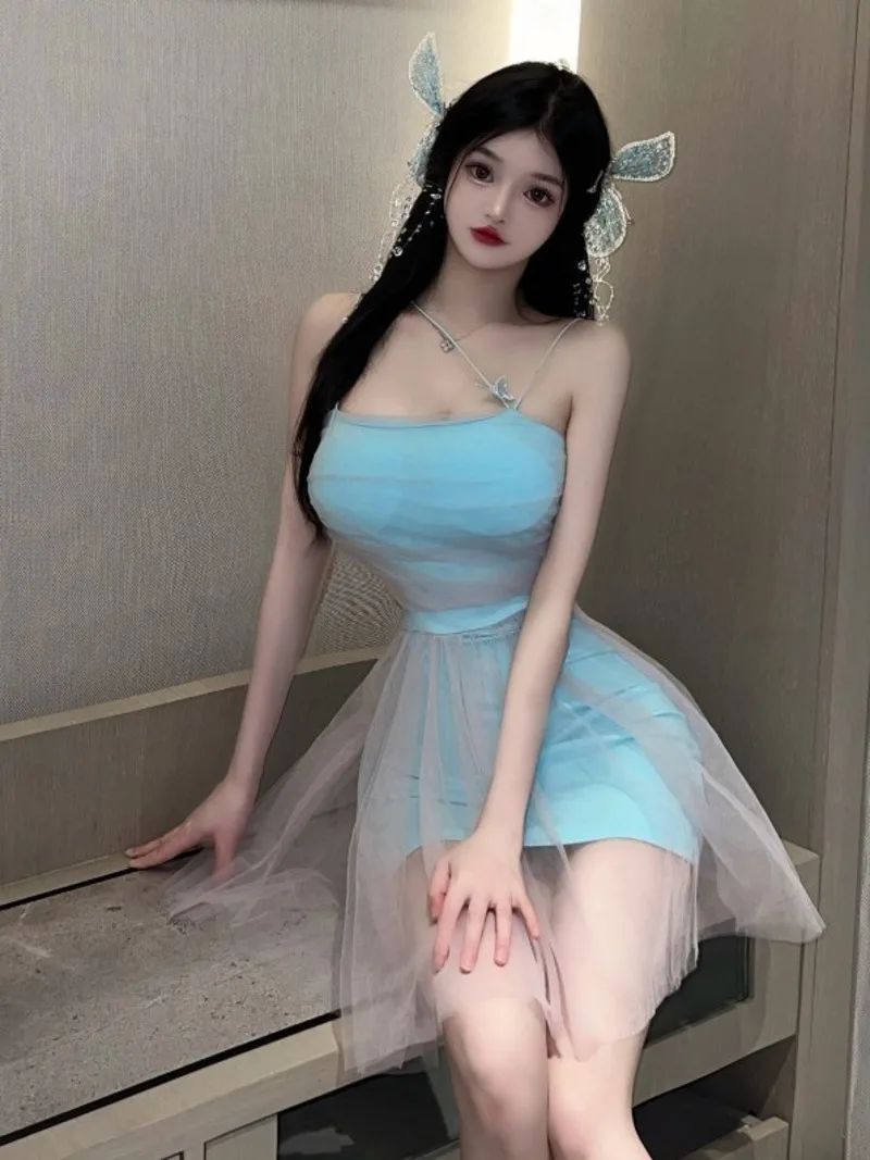Womengaga Fairy Dress Blue 2023 Sexy Princess Double Layer Mesh Hanging Strap Butterfly Dress Elegante Girl Sexy Women Tops Y8Ba