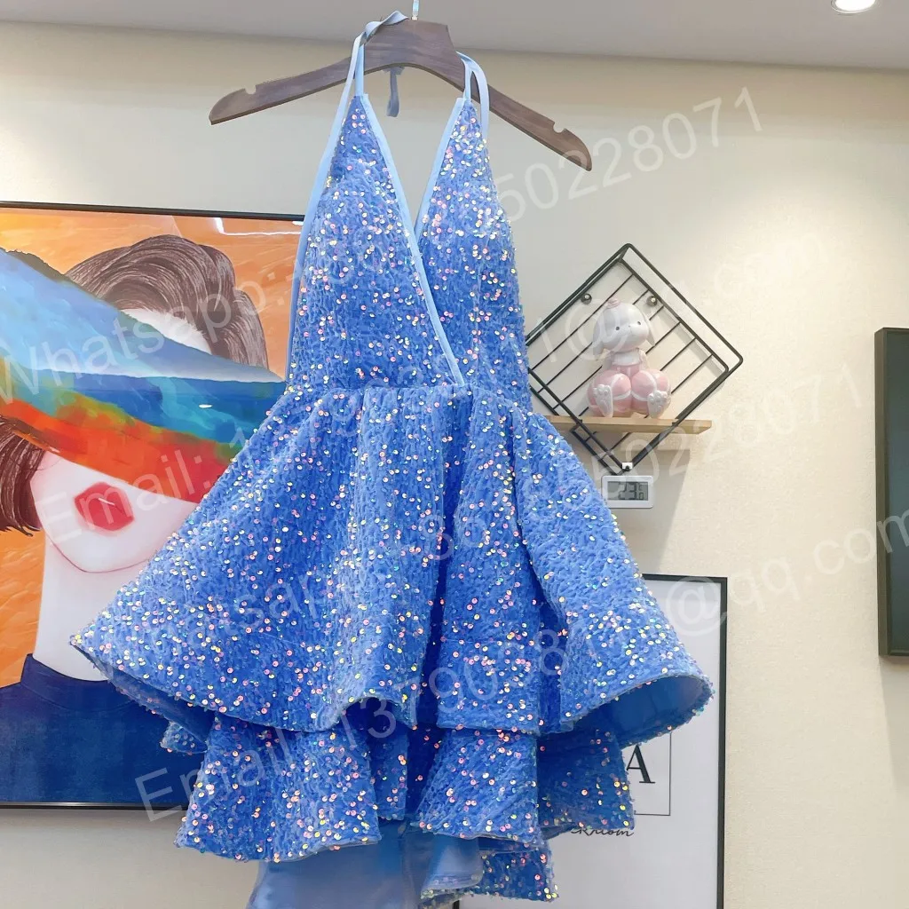 Sexy Sky Blue Halter Short Prom Dresses Paillettes Birthday Party Gowns Sparkly Tiered Mini Cocktail Dress Backless Robe De Bal