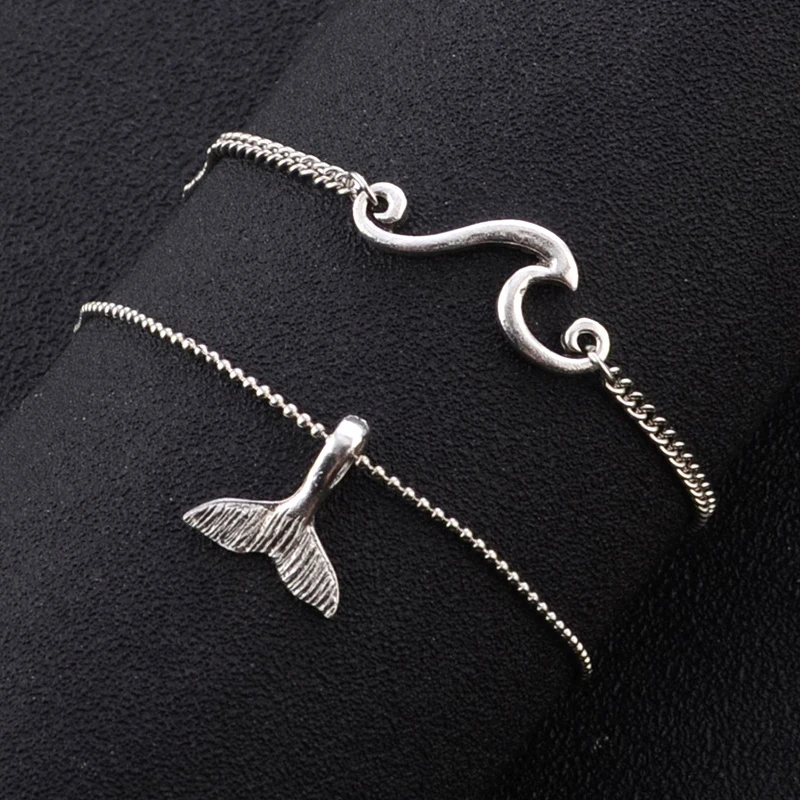 2Pcs Retro Ocean Wave Whale Tail Anklet Bracelet Set Bohemia Foot Beach Anklets Women Fashion Barefoot Chain Jewelry Leg Chain