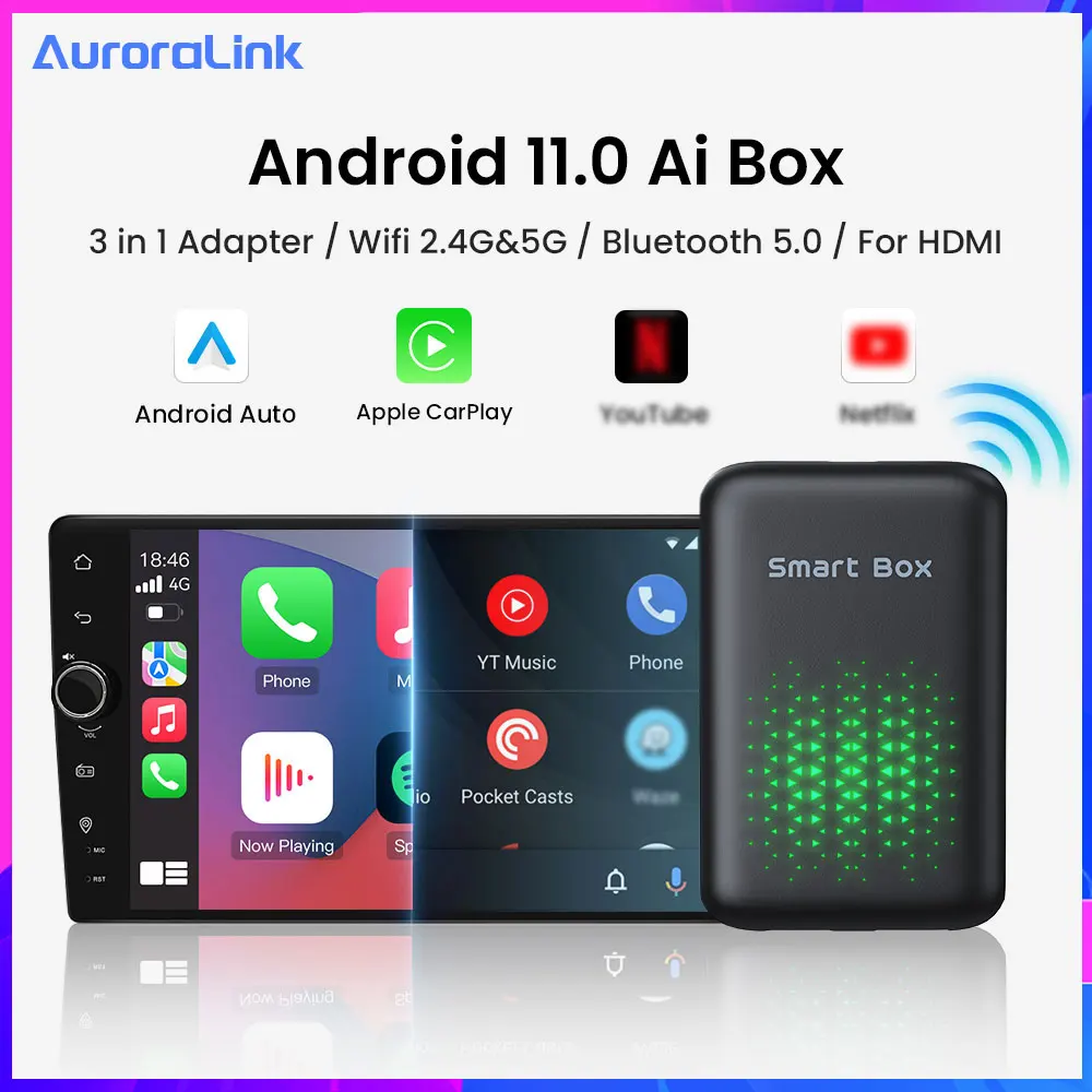 Auroralink Android 11.0 Carplay Ai Box Android Auto Wireless Tv Box Adattatore Wireless Per Apple Phoke Car Intelligent System Wifi