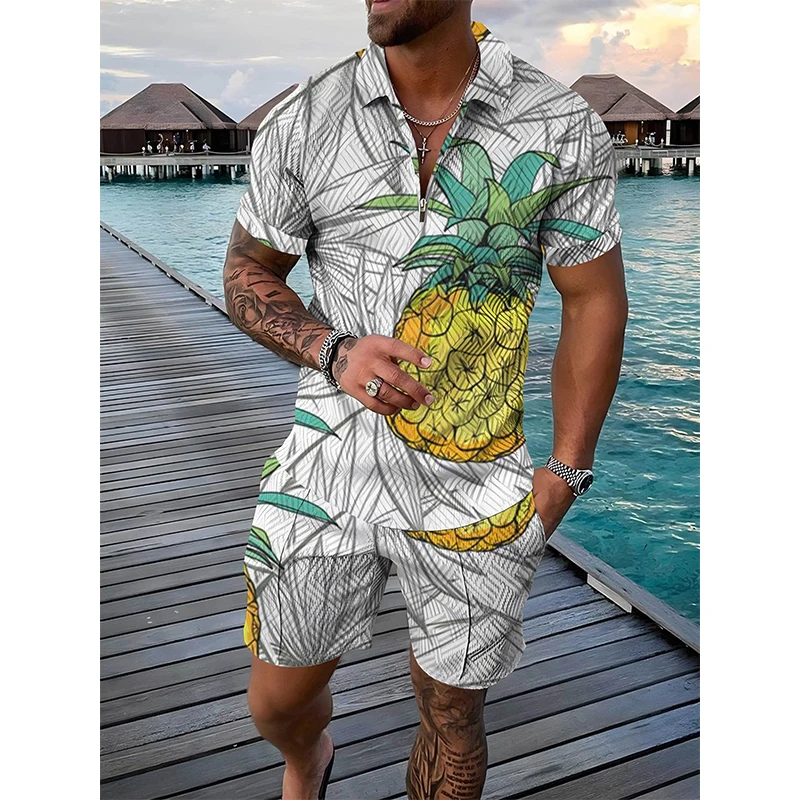 Tuta Da Uomo Frutta Ananas Pawpaw Stampa 3D Manica Corta Cerniera Polo Pantaloncini Set 2 Pezzi Oversize Streetwear Set Abiti