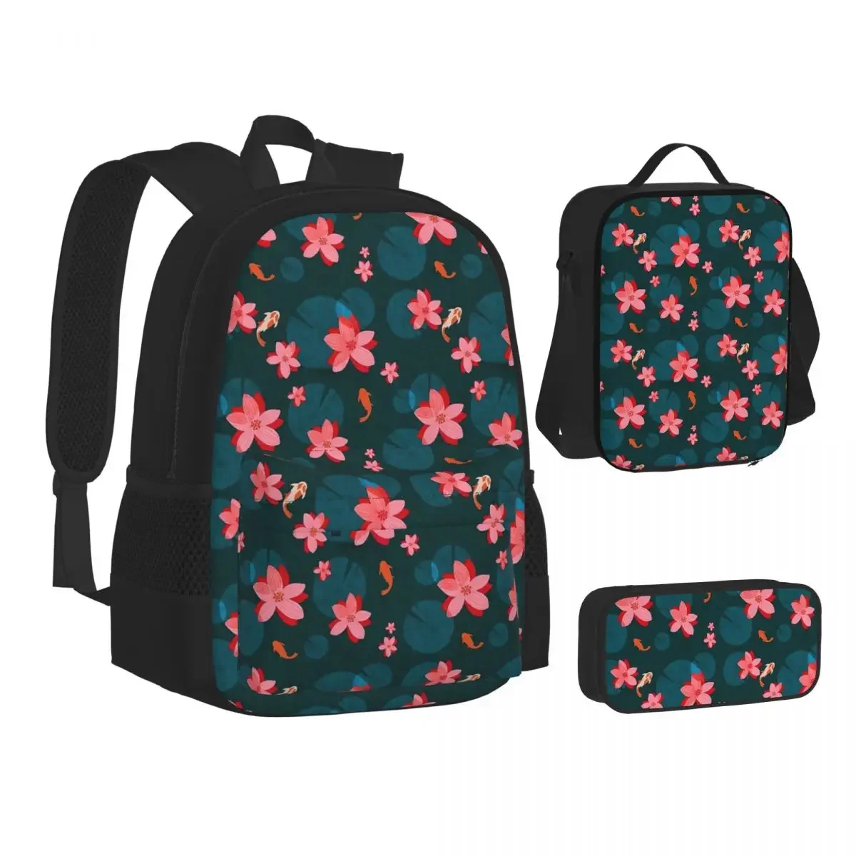 Serene, Stravagante Koi Pond With Water Lillies Flowers And Pads Zaino Bookbag Zainetto Lunch Bag Pen Bag Set Di Tre Pezzi