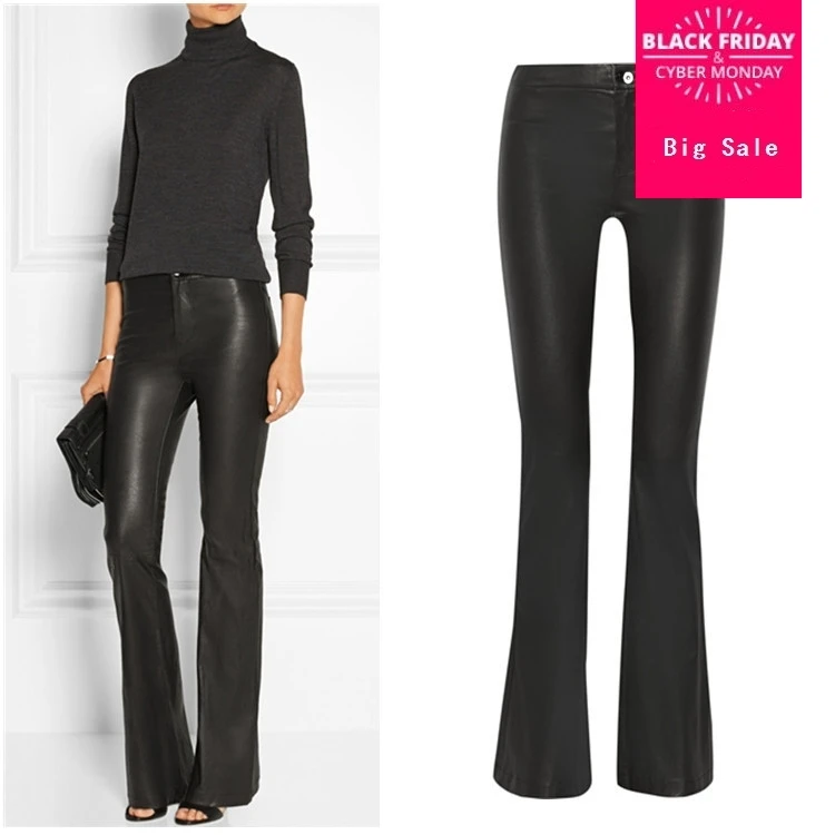 Xs-Xxl Fashion Brand Pu Leather Pants 2024 Autunno Donna High Package Hip Quality Water Wash Vita Media Slim Flare Pants Wj723