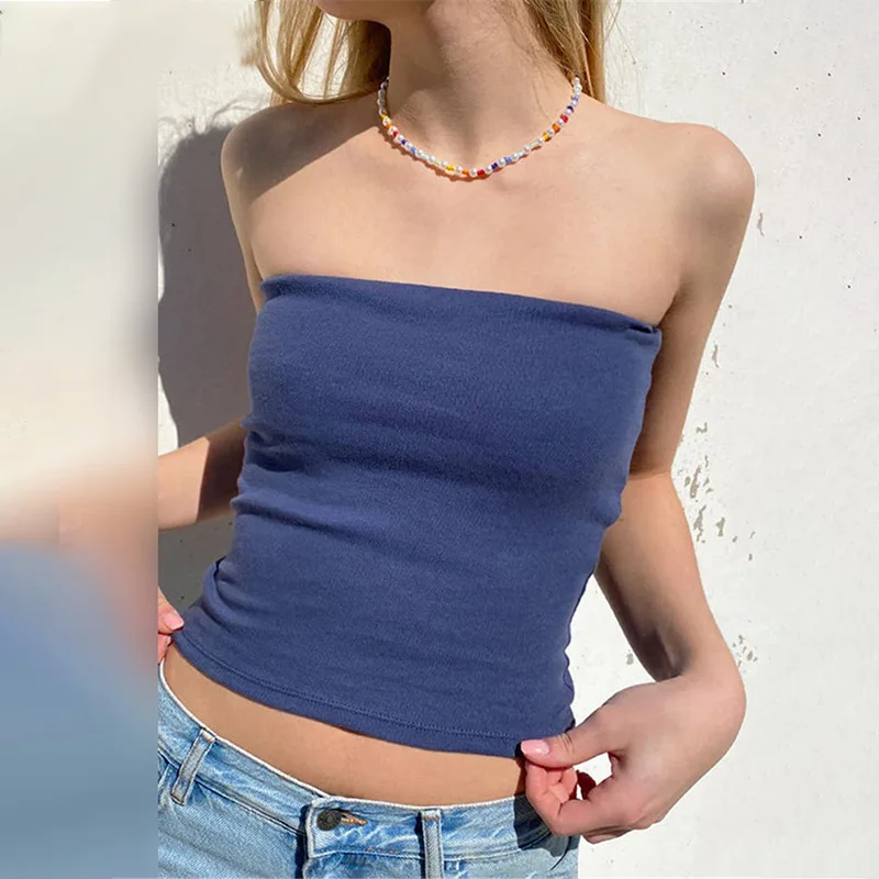 Sexy Tube Top Donna 2023 Skinny Summer Off Spalla Blu Y2K Anni '90 Sexi Crop Top Streetwear