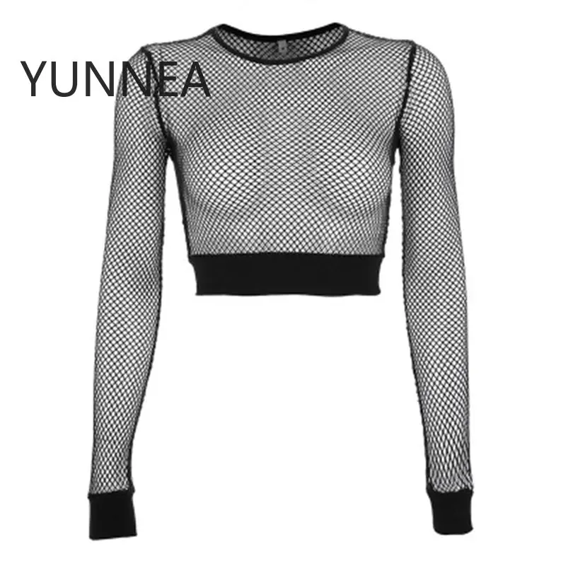 Sexy Black Hollow Out Mesh T-Shirt Femminile Skinny Crop Top 2023 Nuove Donne Moda Estate Basic Top Camicia A Rete