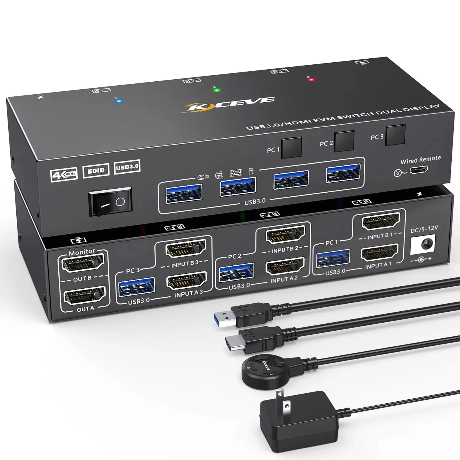 Dual Monitor Kvm Switch Usb 3.0 Hdmi Kvm Switch 2 Monitor 3 Computer 4K @ 60Hz 2K @ 144Hz, Emulatore Edid, Switch Kvm A Doppio Monitor
