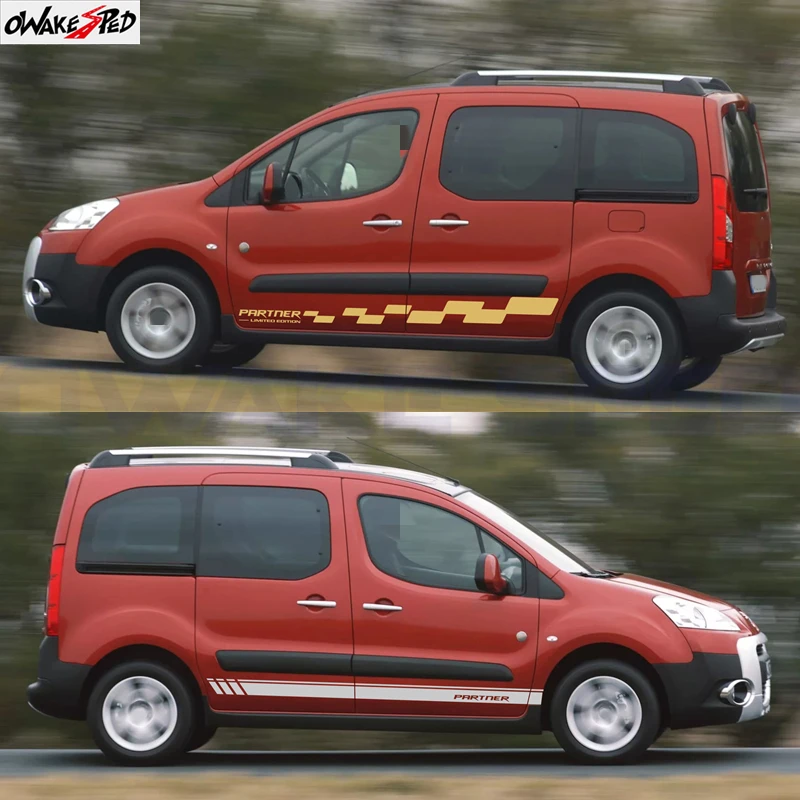 2 Pezzi Racing Reticoli Sport Stripes Per Peugeot Partner Van Camper Car Door Side Skirt Decor Sticker Racing Vinyl Decalcomanie Pellicola Fai Da Te