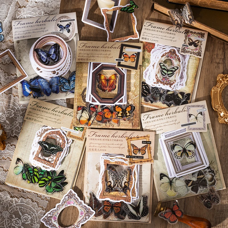 50 Pz/Pacco Vintage Butterfly Picture Frame Scrapbooking Creatività Materiale Carta Diario Fai Da Te Album Sfondo Carta