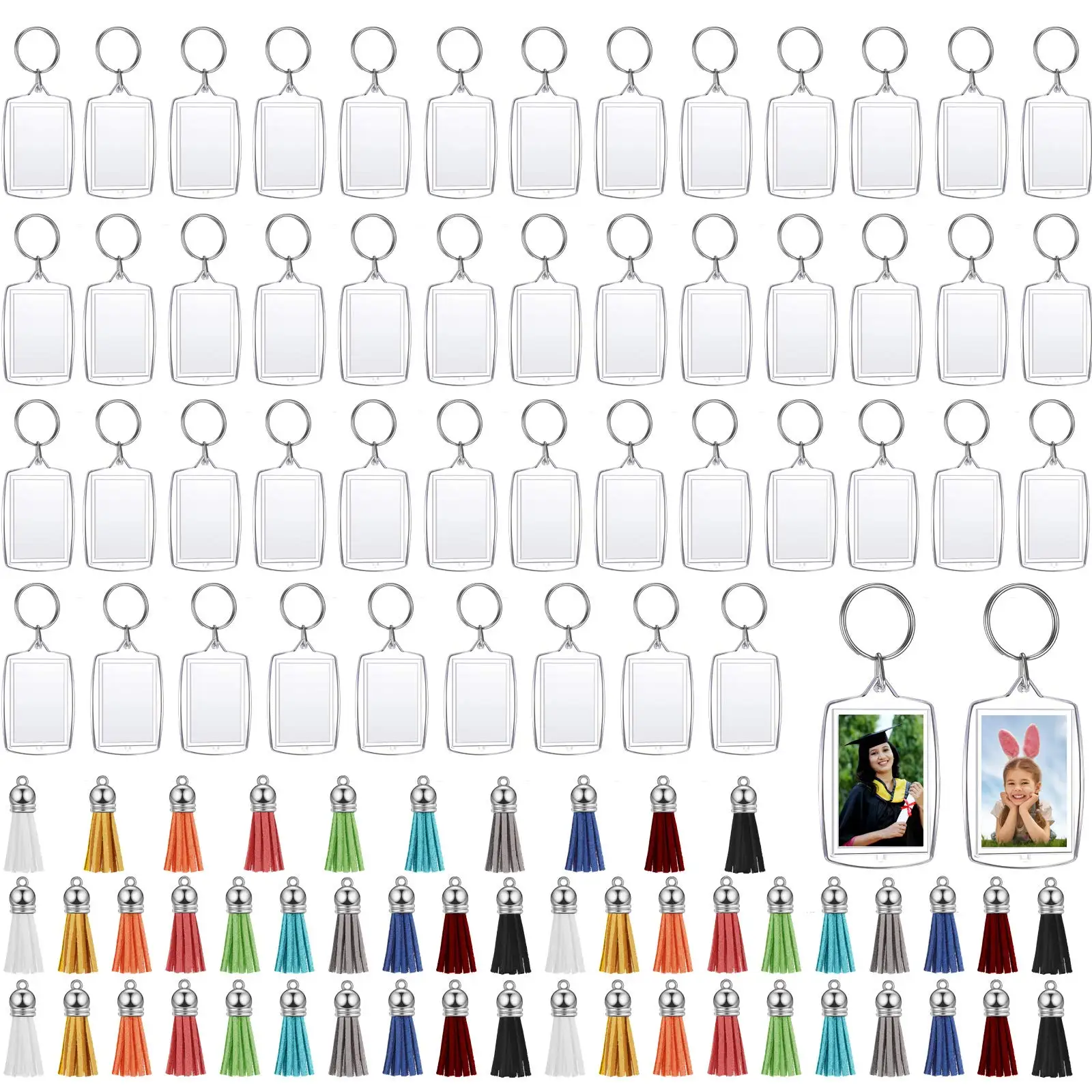 50/100Pcs Diy Acrylic Photo Frame Keychain With Tassels Snap-In Custom Insert Photo Acrylic Blank Double Sided Picture Holder