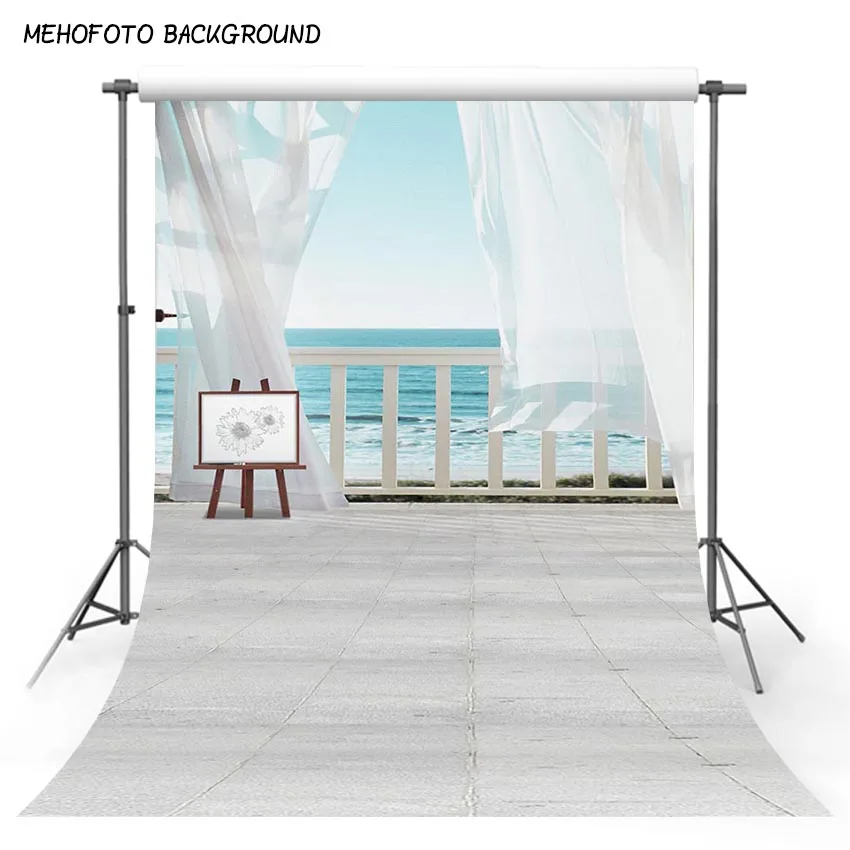 Finestra Fotografia Sfondo Foto Estate Filato Bianco Mare E Cielo Blu Bambini Pavimento In Legno Foto Sfondo Per Bambino Lv-301